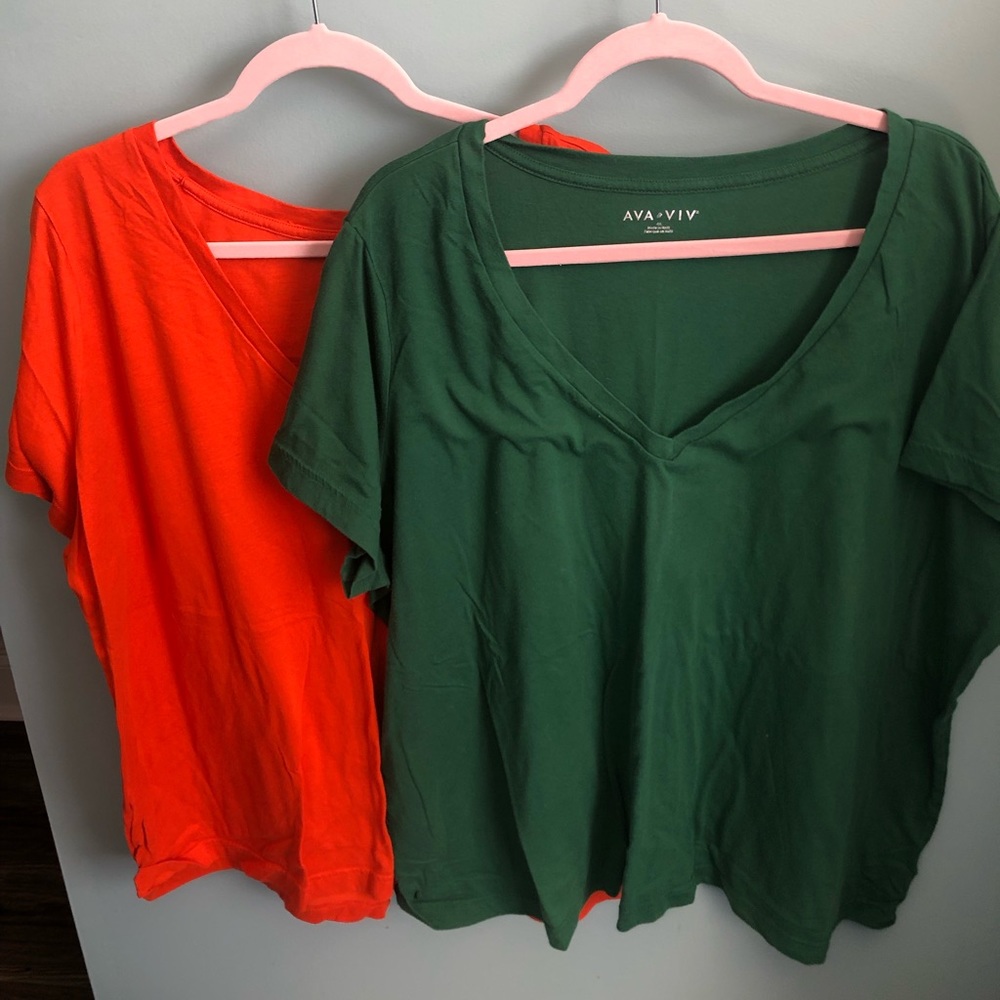 Ava and Viv brand cotton v neck tees, orange and hunter green